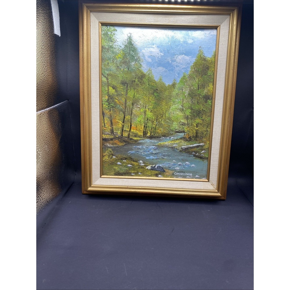 Vtg Indiana Stream 1965 Oil Painting – Signed John Christopher – Framed 15x12